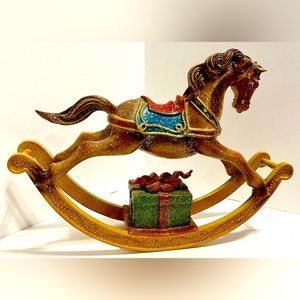 Christmas Rocking Horse Rocks & Plays Music Hand Painted Wind-Up Music Box
